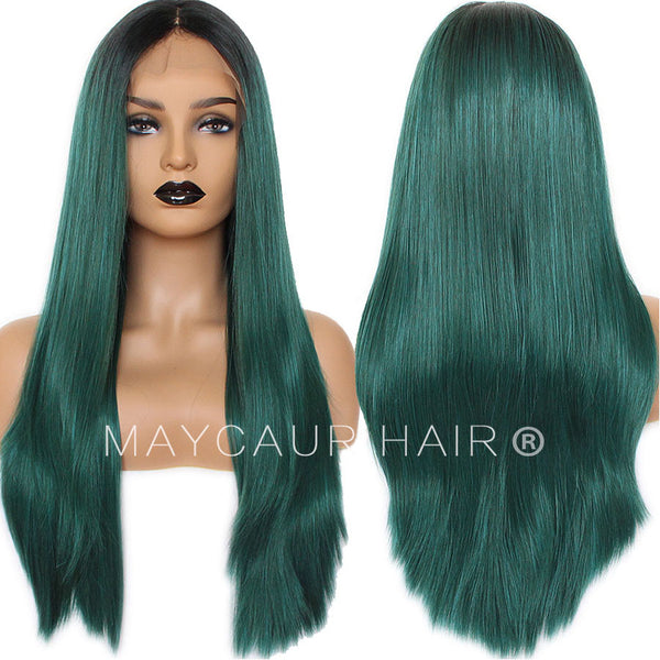 Ombre Green Glueless Synthetic Lace Front Wigs 2 Tone Black Roots