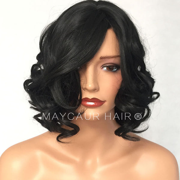 Synthetic None Lace Wigs Black Short Bob Hair Wig Glueless Heat Resistant Body Wave Wigs Maycaur