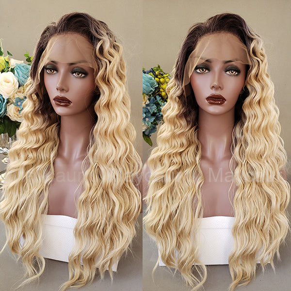 Loose Curly Blonde Color Glueless Lace Front Wigs Brown Blonde