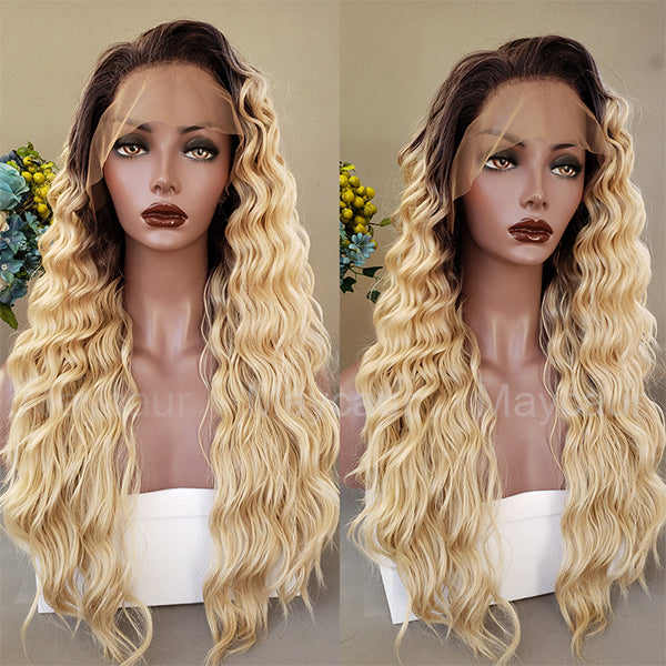 Loose Curly Blonde Color Glueless Lace Front Wigs Brown Blonde