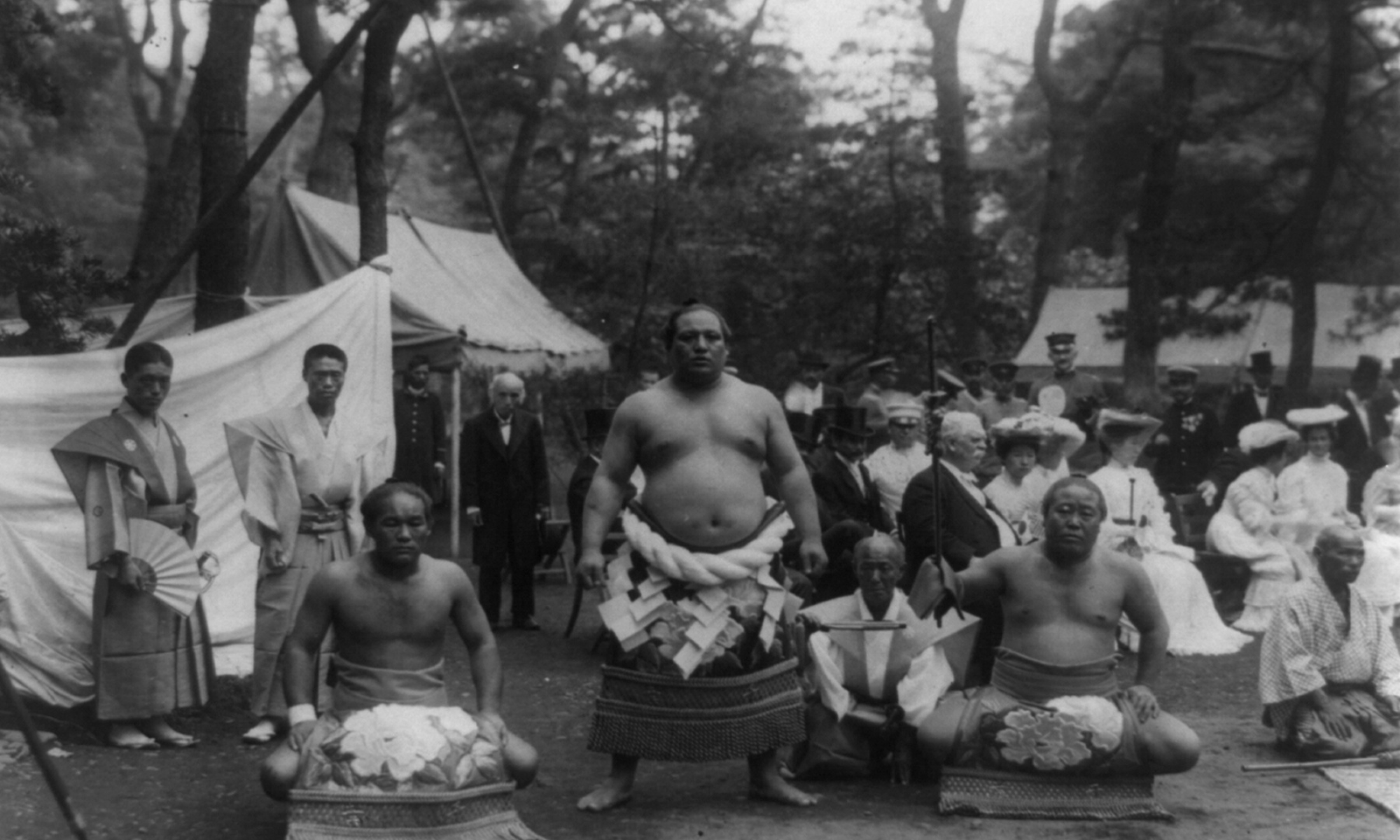 photo ancienne en noir et blanc de lutteurs de sumo