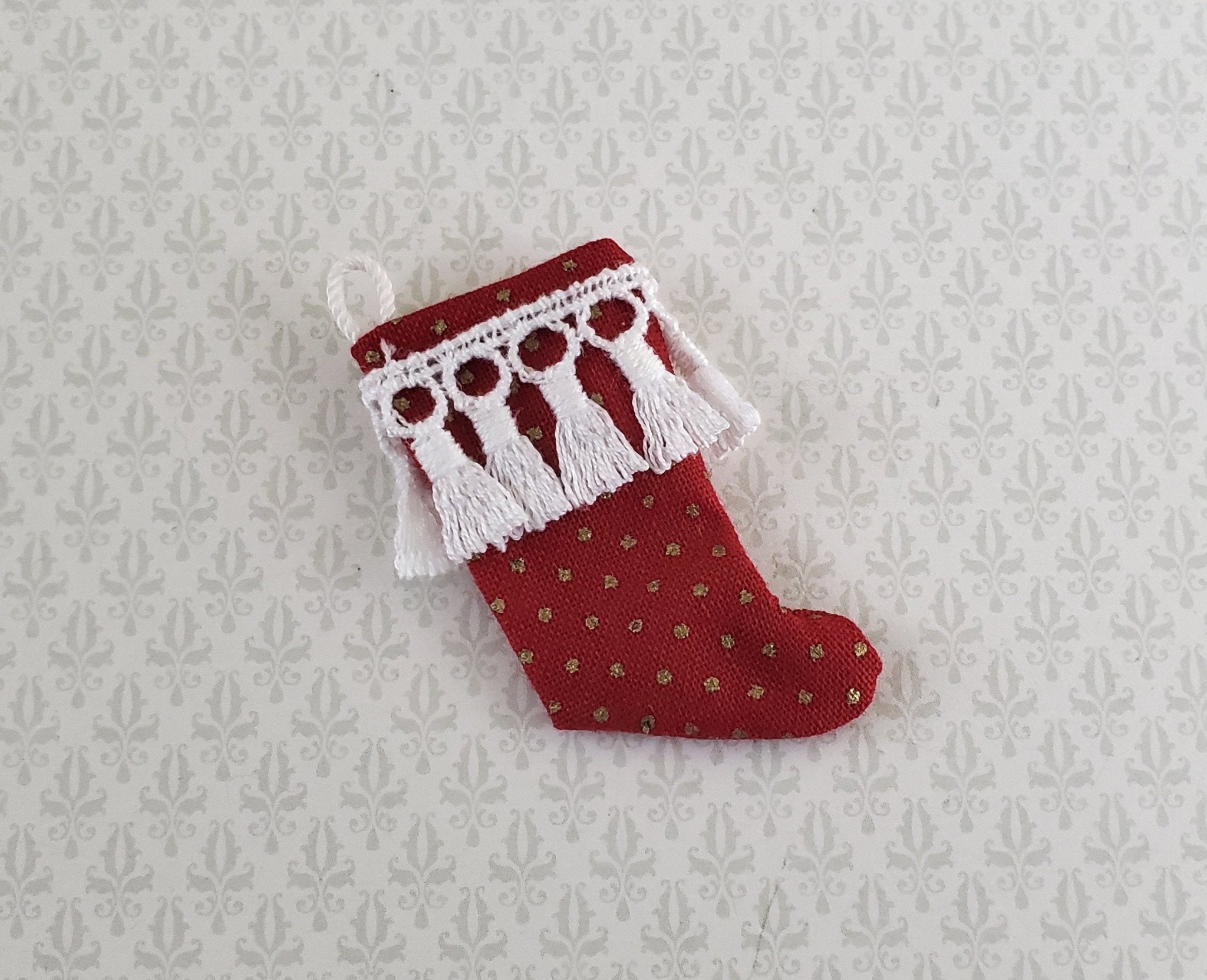 Dollhouse Miniature Christmas Stocking Red with White Tassels Handmade 1:12 Scale