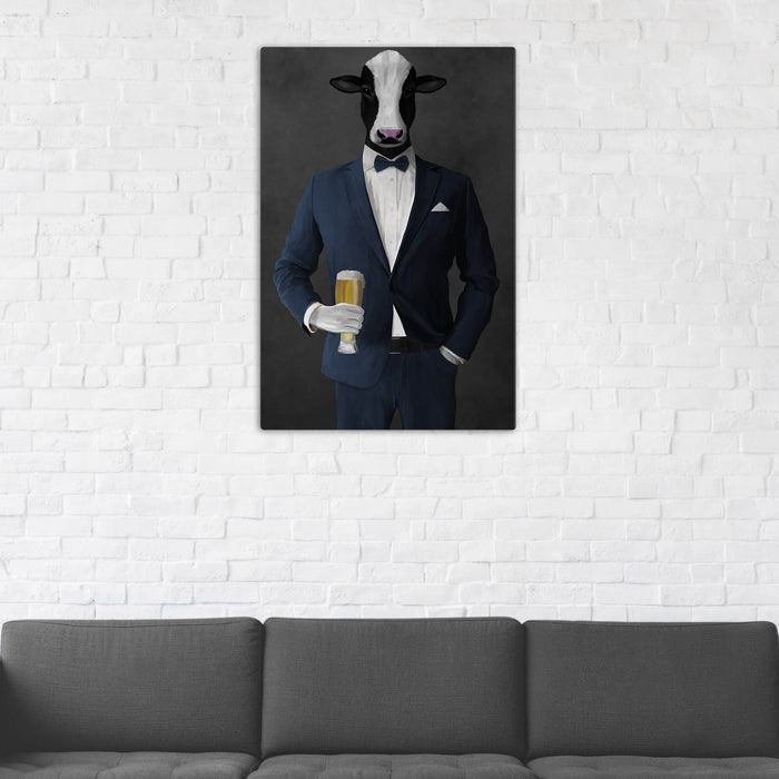 Cow Drinking Beer Wall Art - Navy Suit