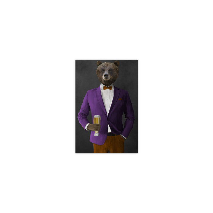 Grizzly Bear Drinking Beer Wall Art - Purple and Orange Suit
