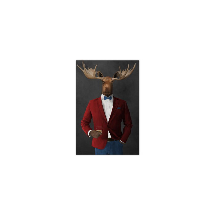 Moose drinking whiskey wearing red and blue suit small wall art print