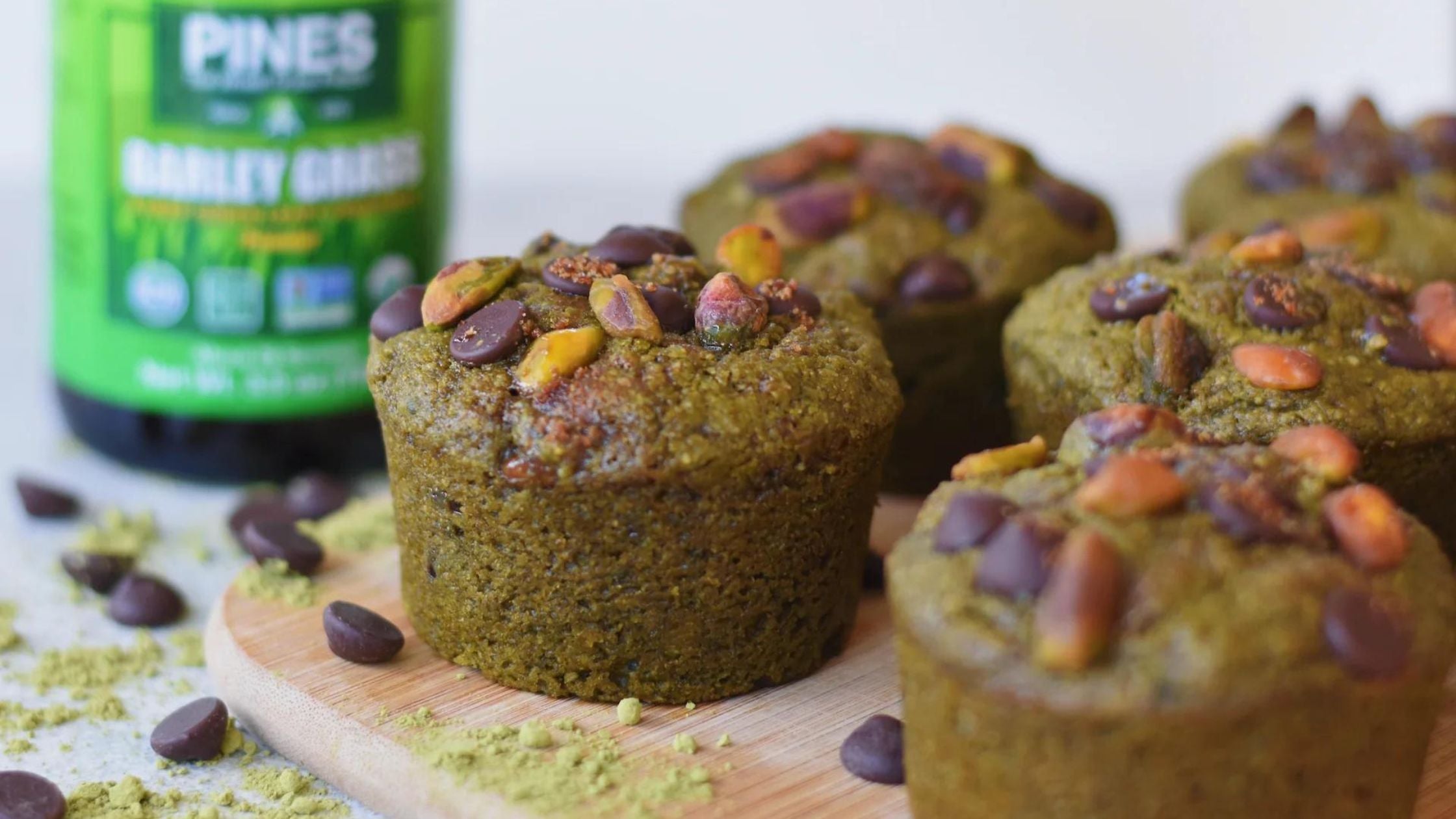 Matcha, barley grass, and pistachios make this muffin recipe delicious and nutritious!