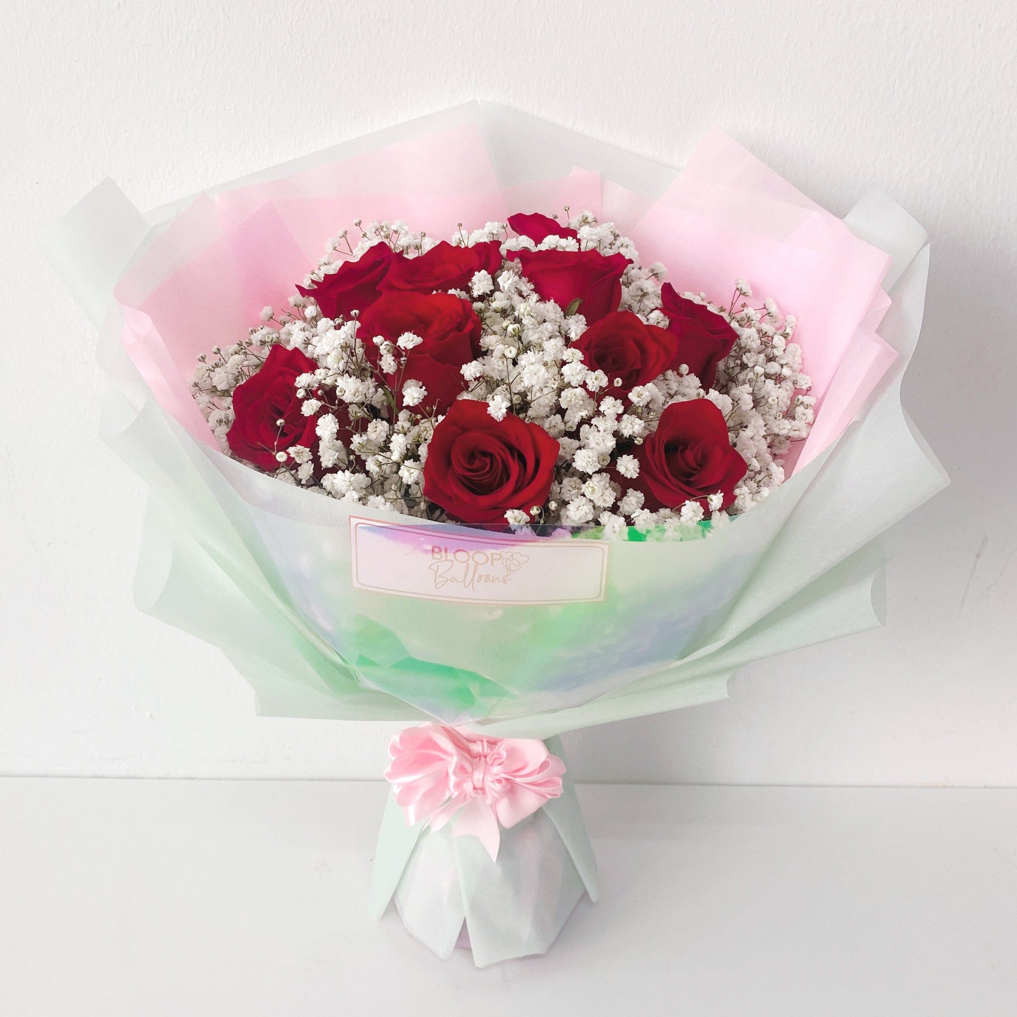LARGE BOUQUET] | 10 Red Roses and Baby Breath Flower Bouquet – Bloop  Balloons