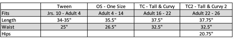 Size Chart – Lost Princess Apparel