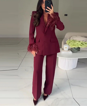 Luxurious Burgundy Feather Lapeled Pantsuit - LaurenNichole 