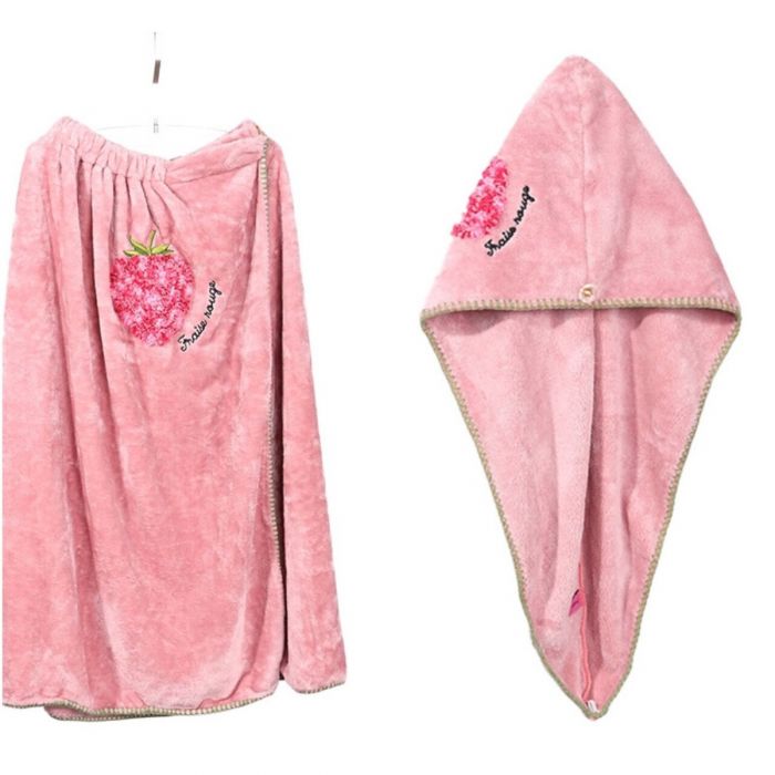 Strawberry bath skirt and turban set in Pink