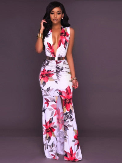 Zipper V-Neck Floral Bodycon Women's Maxi Dress