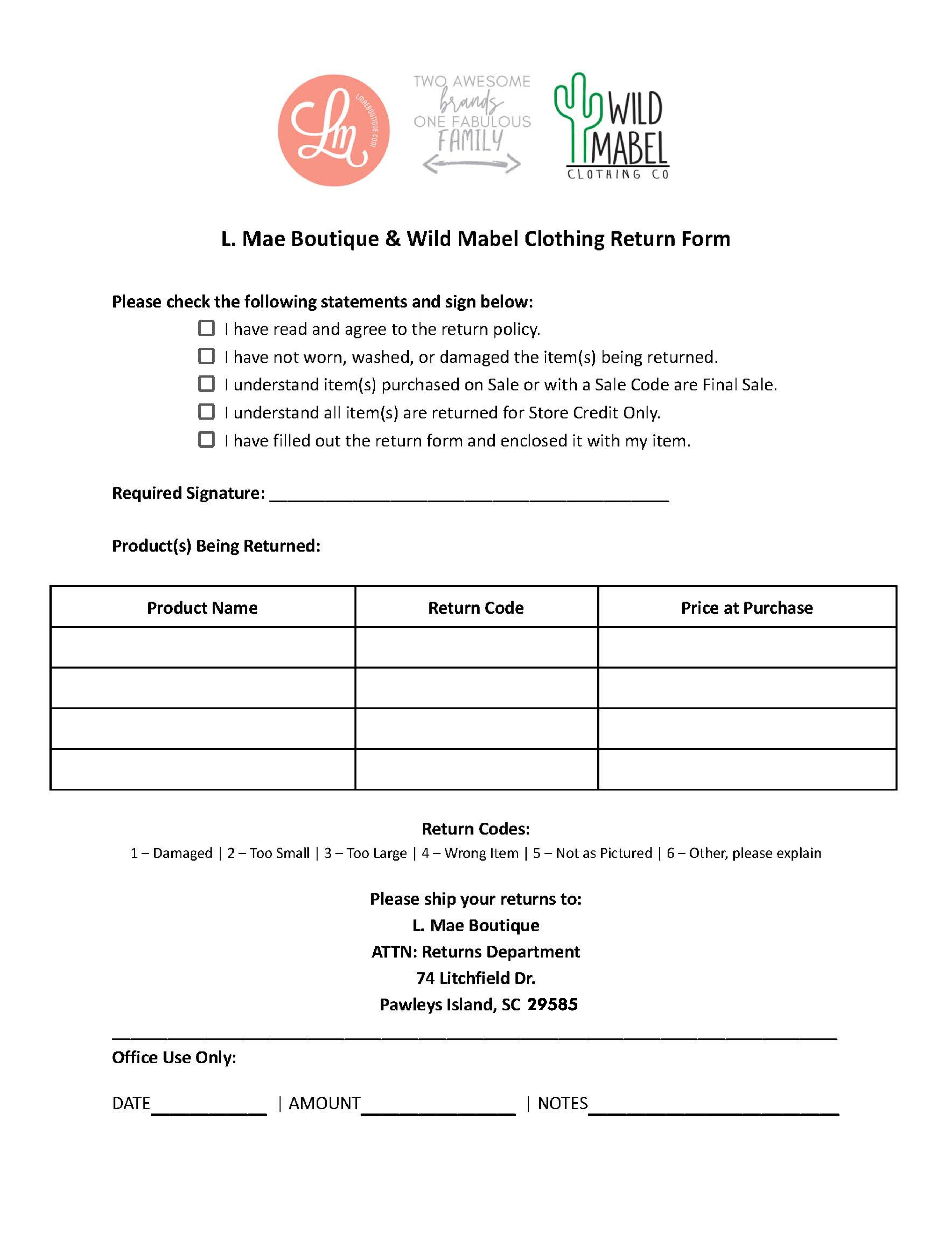 L. Mae Boutique Return Form