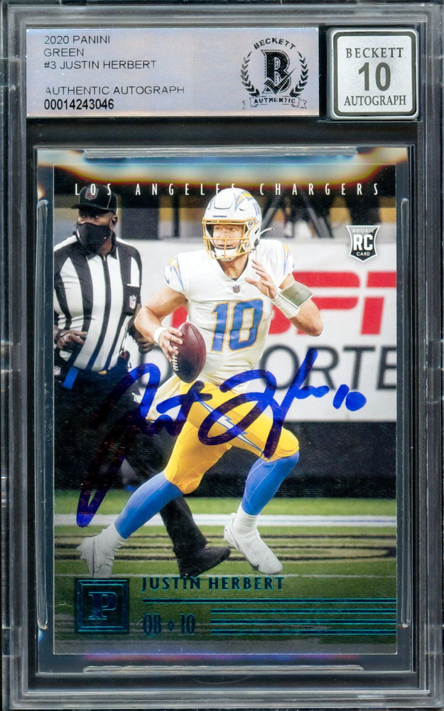 Justin Herbert Autographed 2020 Chronicles Panini Green Parallel Rookie Card #PA-3 Los Angeles Chargers Auto Grade Gem Mint 10 Beckett BAS #14243046
