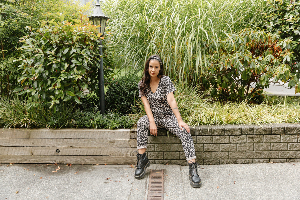 shayla stonechild wearing smash + tess sunday romper in lexi leopard