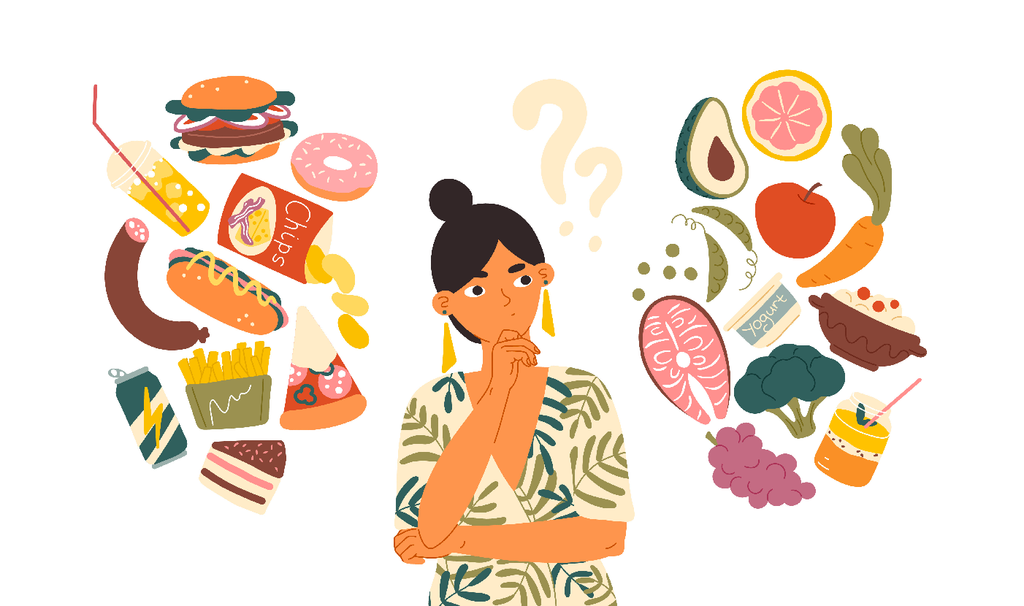 how to stop eating junk food: Drawing of woman thinking of junk food and healthy food