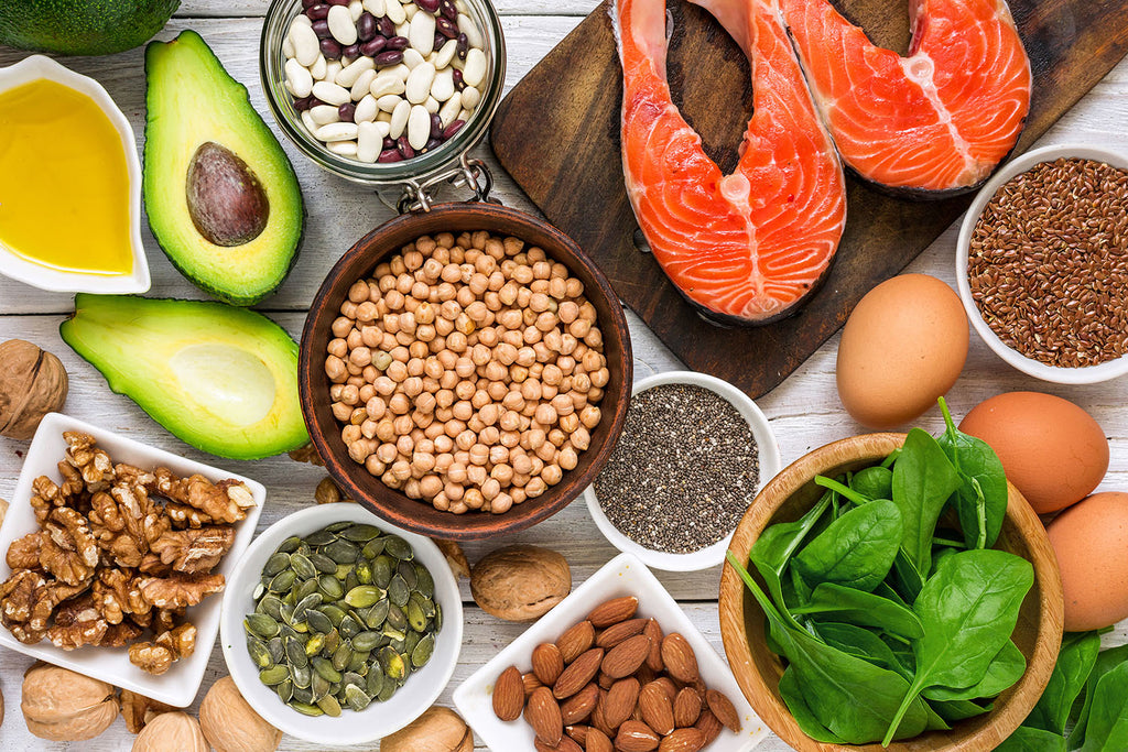 omega 3 6 9: top view of different food groups that contain omega-3 fatty acids