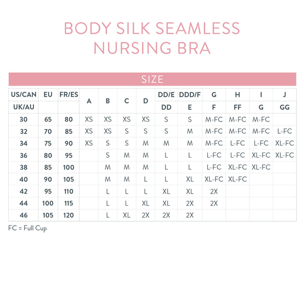 Bravado Body Silk nursing bra size chart