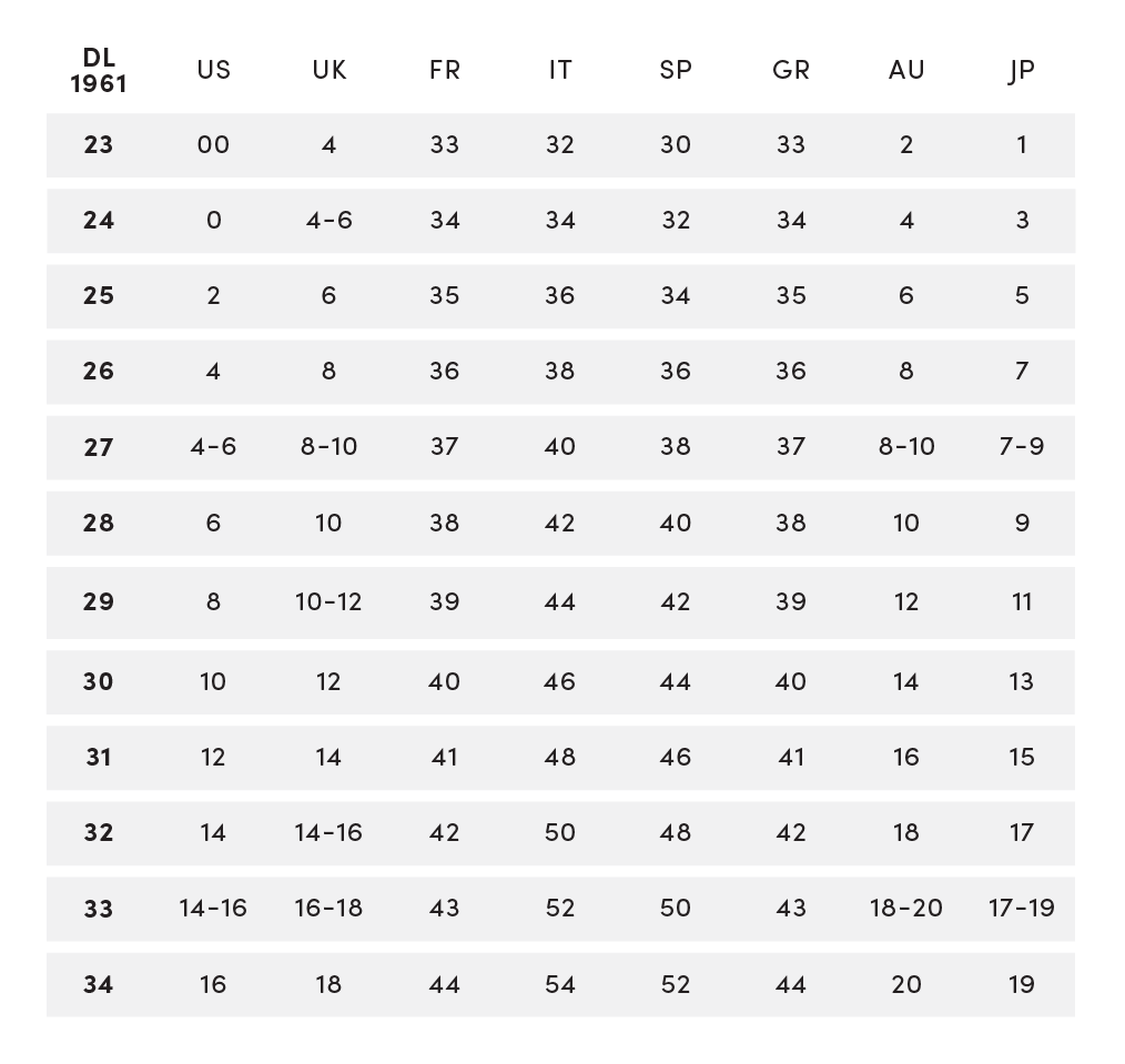 Dl1961 Size Chart