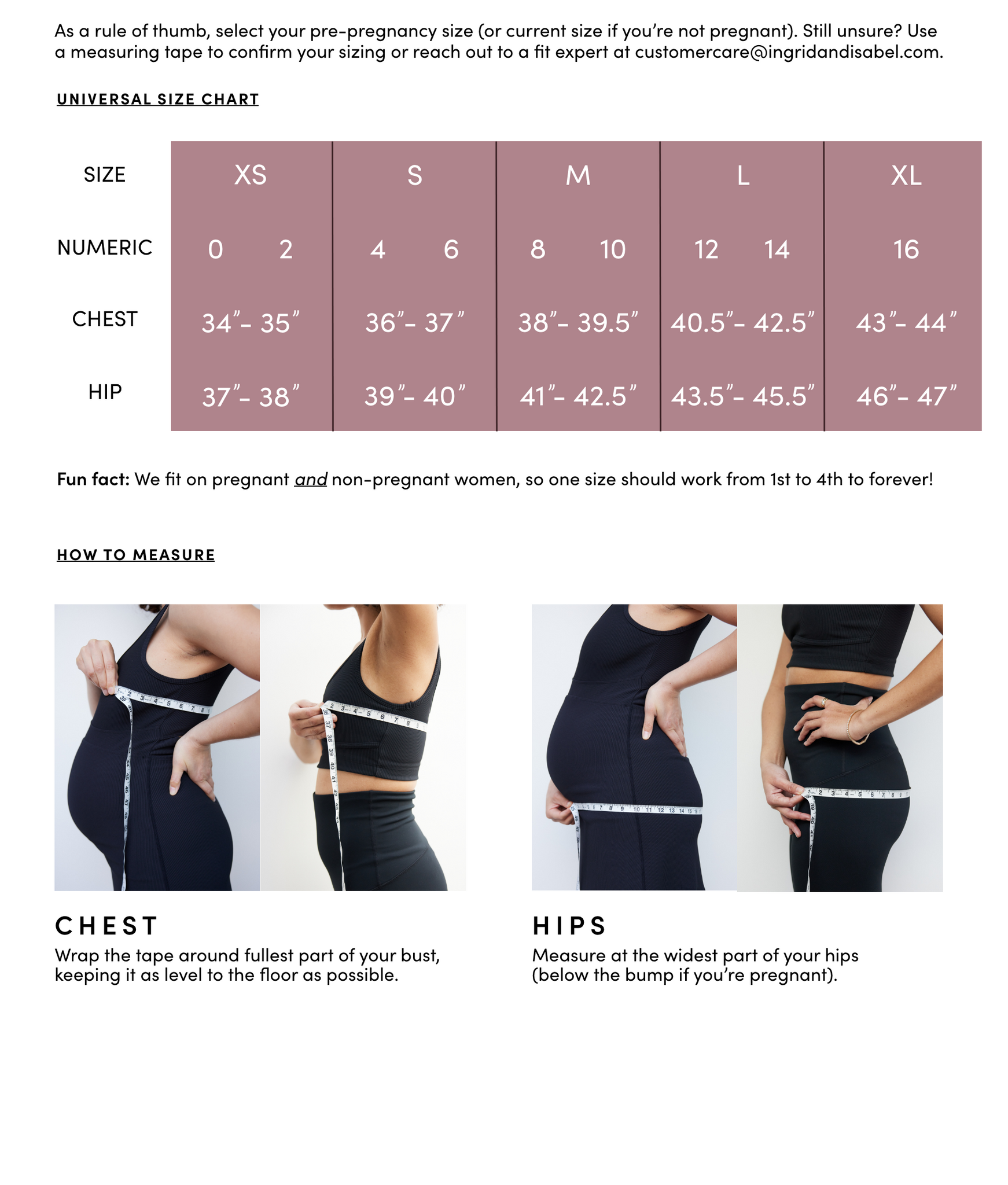 Oliver Maternity Size Chart