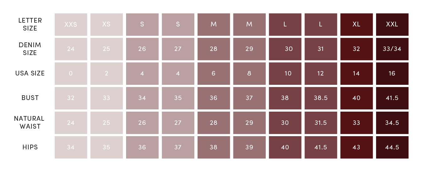 Paige size chart