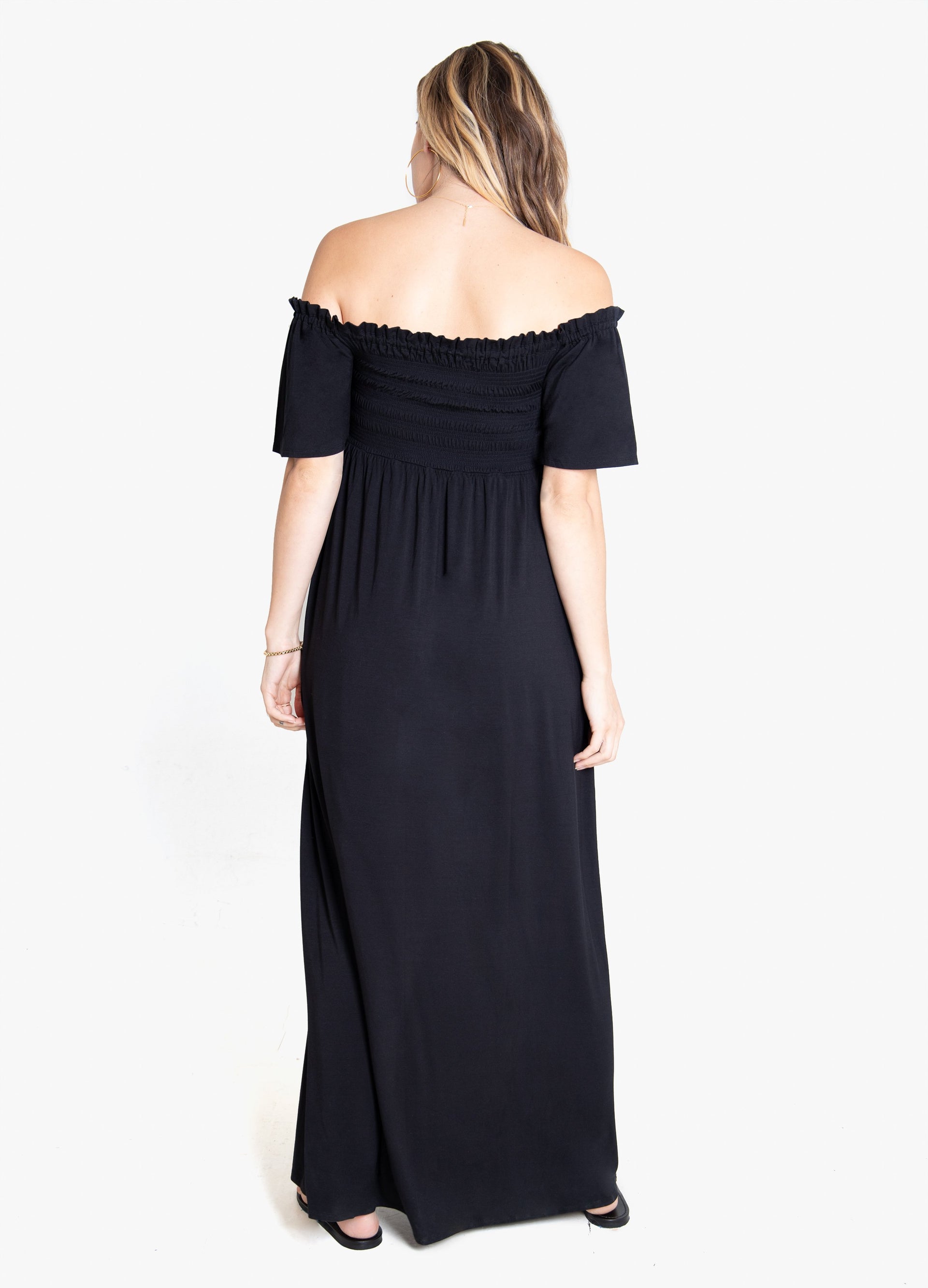 Off The Shoulder Smocked Maternity Maxi Dress Ingrid And Isabel 