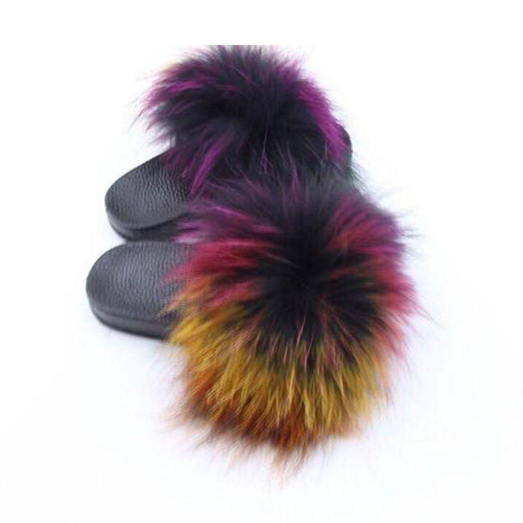 rainbow fox fur slides