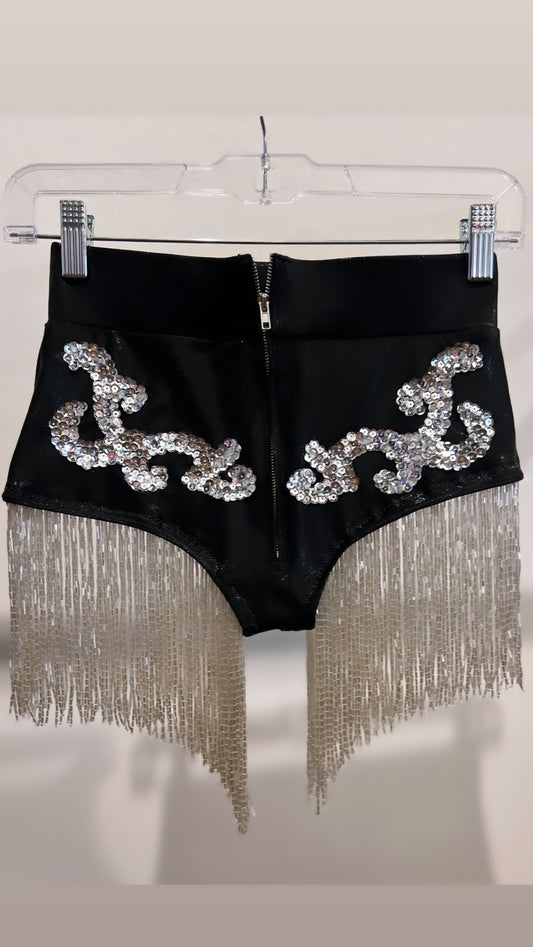 Rhinestone Edged Shimmering Silver Bead Fringe Bra With Matching Shorts