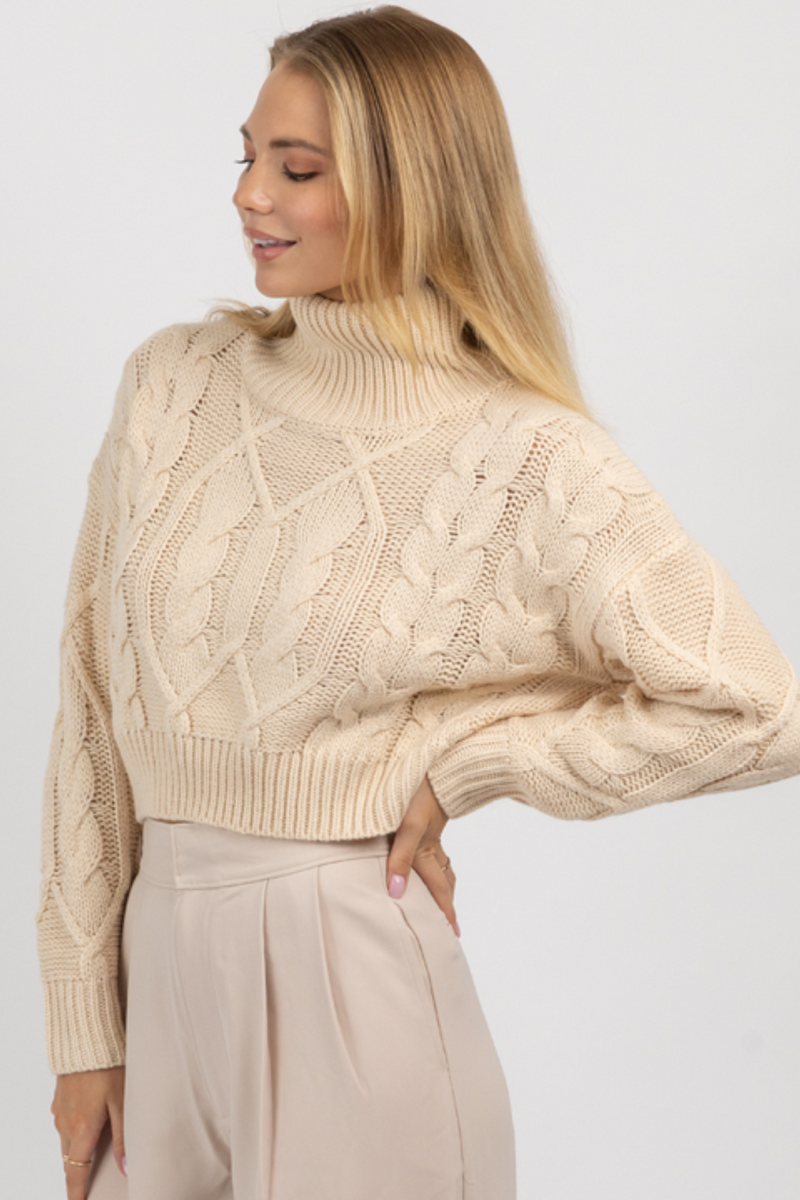 NEUTRAL CABLEKNIT TURTLENECK CROP SWEATER – L'ABEYE