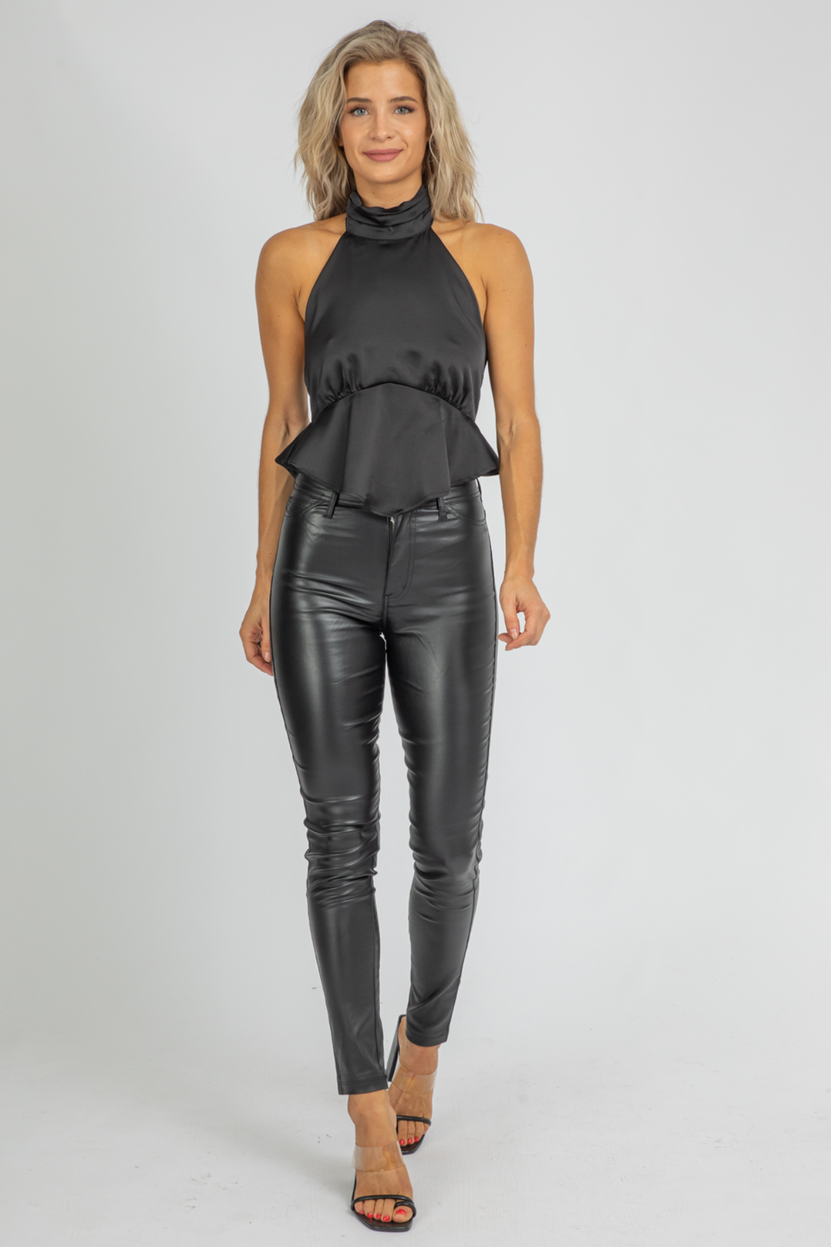 black satin peplum top