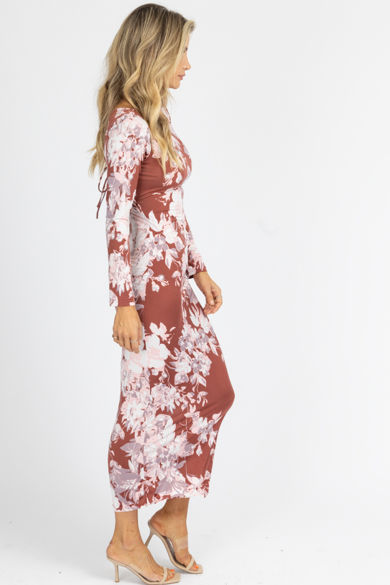 BROWN FLORAL LONGSLEEVE CINCH BACK MAXI *BACK IN STOCK*