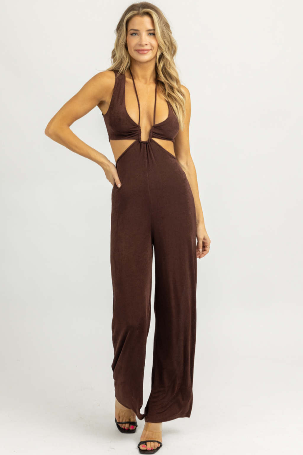 Halter ribbed jumpsuit- chocolate – mieldenadie