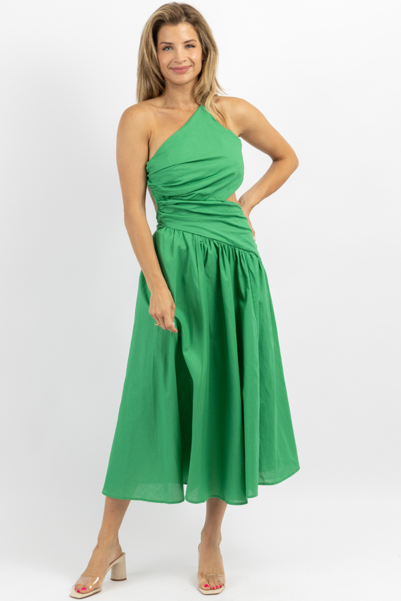 PALM GREEN ASYMMETRIC RUCHE MIDI DRESS – L'ABEYE