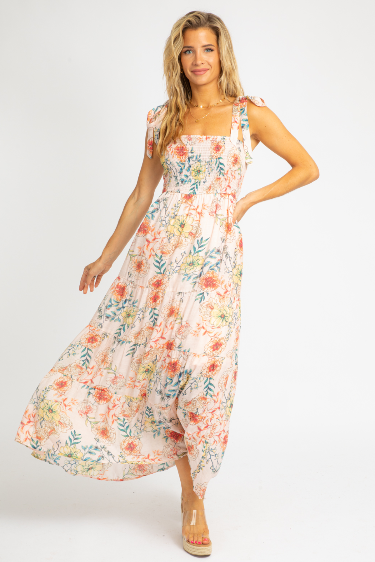 smocked floral maxi dress