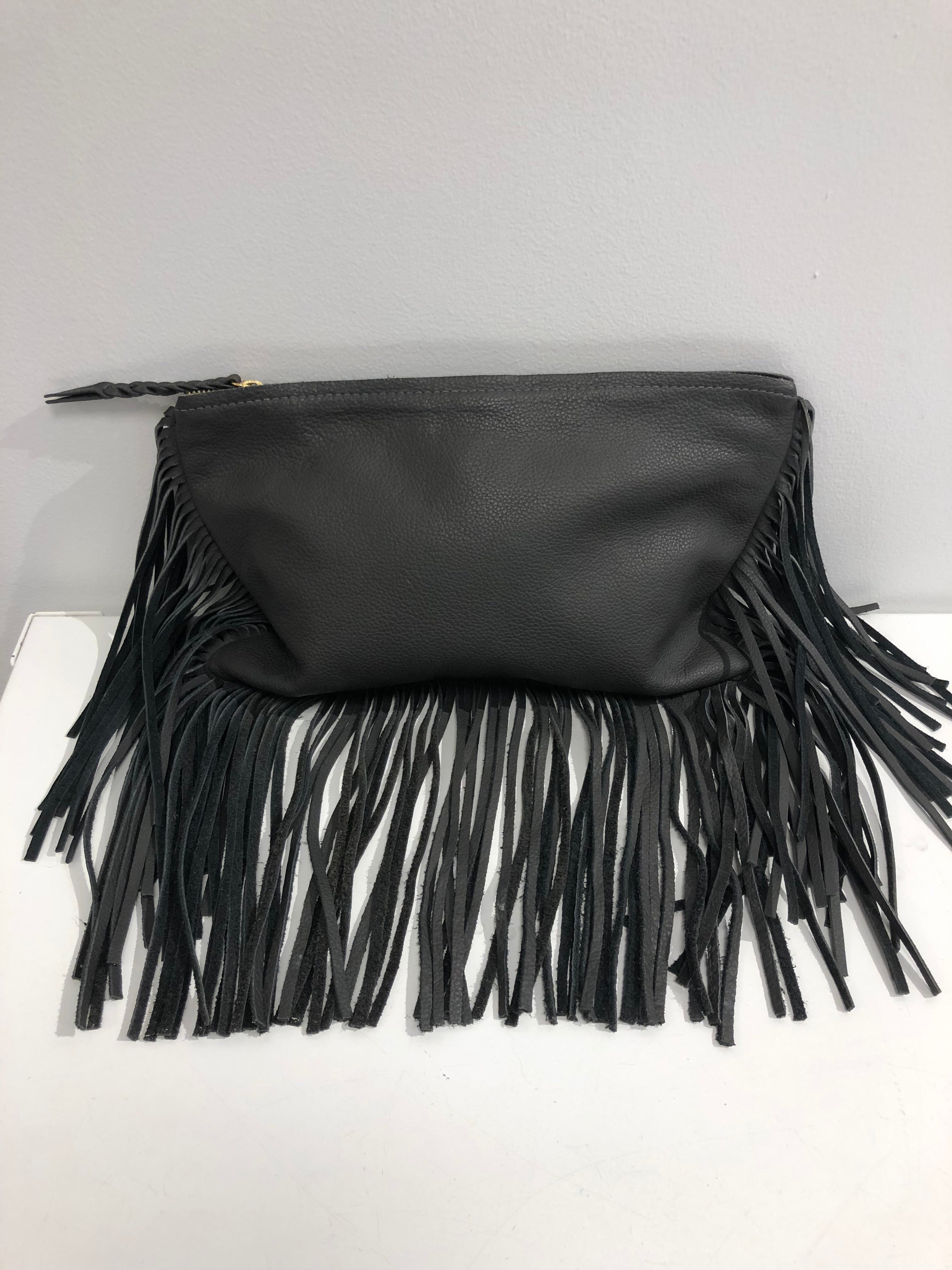 black leather fringe bag