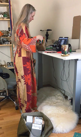 Kari Dern of Become Spellbound working in her studio, packing orders.  Shop small, shop local! 