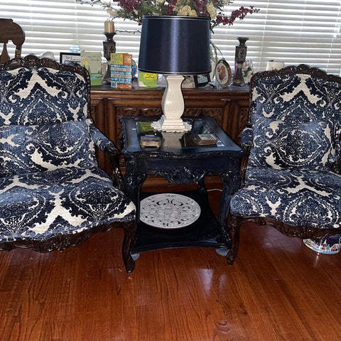 two blue damask chairs