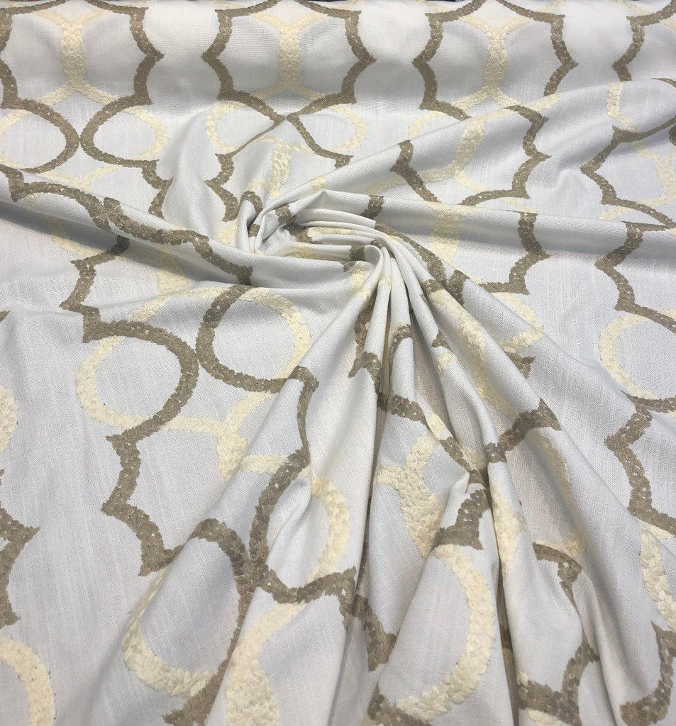 Sutton Shell On White Embroidered Faux Linen Fabric by the yard ...