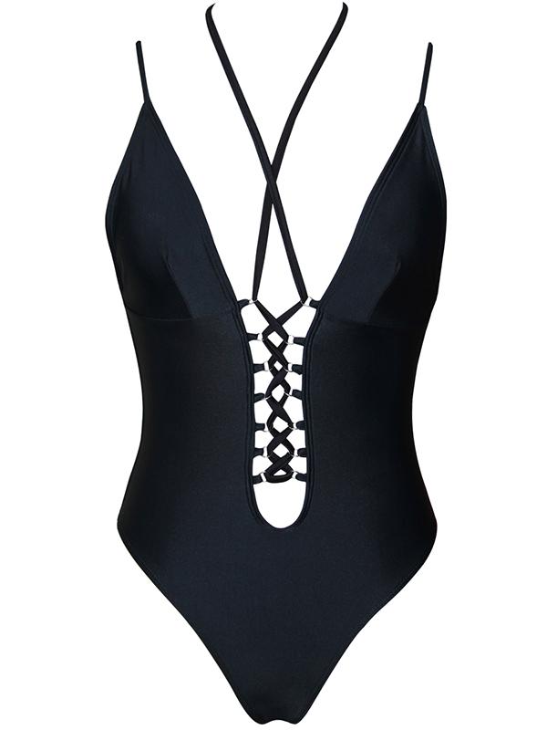 Black Spaghetti Straps One-piece Swimwear - rrdeye