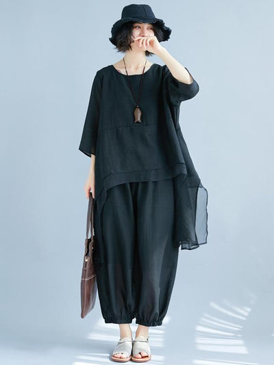 Fashion Casual Loosen Cotton Combo Suit in Black Color