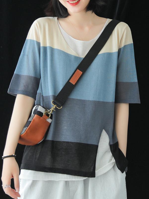 Casual Meryl Striped Split-side T-shirt
