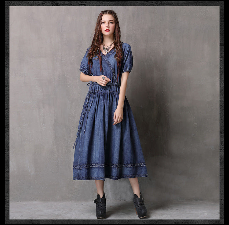 V-Neck Short Sleeve Vintage Denim Boho Dress - rrdeye