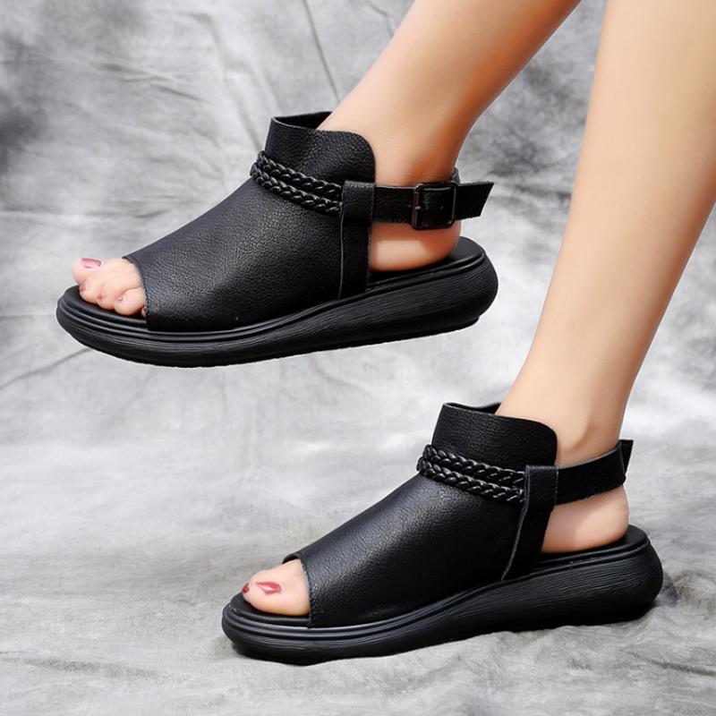 Black Casual Leather Women Flat Sandals 