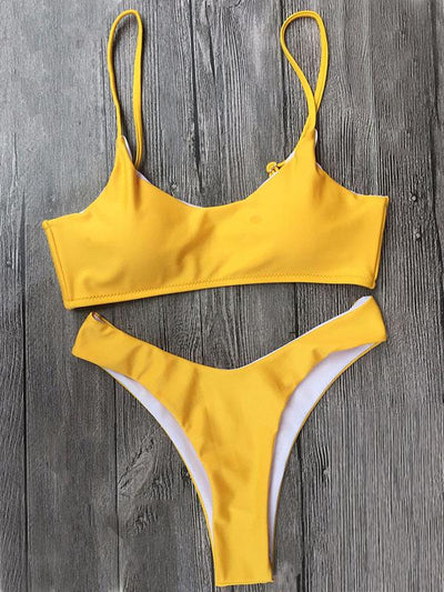 Solid Round-Neck Plunge Top With Hipster Bikini Set