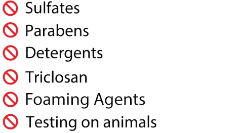 Our natural foaming hand soap is made without: Petroleum by-products, Animal by-products, Synthetic preservatives, Synthetic fragrances, Phthalates, Coloring dyes, Sulfates, Parabens, Detergents, Triclosan, Foaming Agents, Testing on Animals