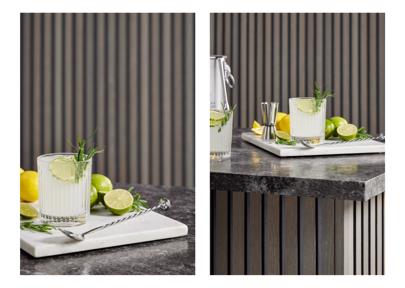 Two images show a kitchen island and a grey SlatWall background, there is a cocktail with lemon and limes on the counter top.  