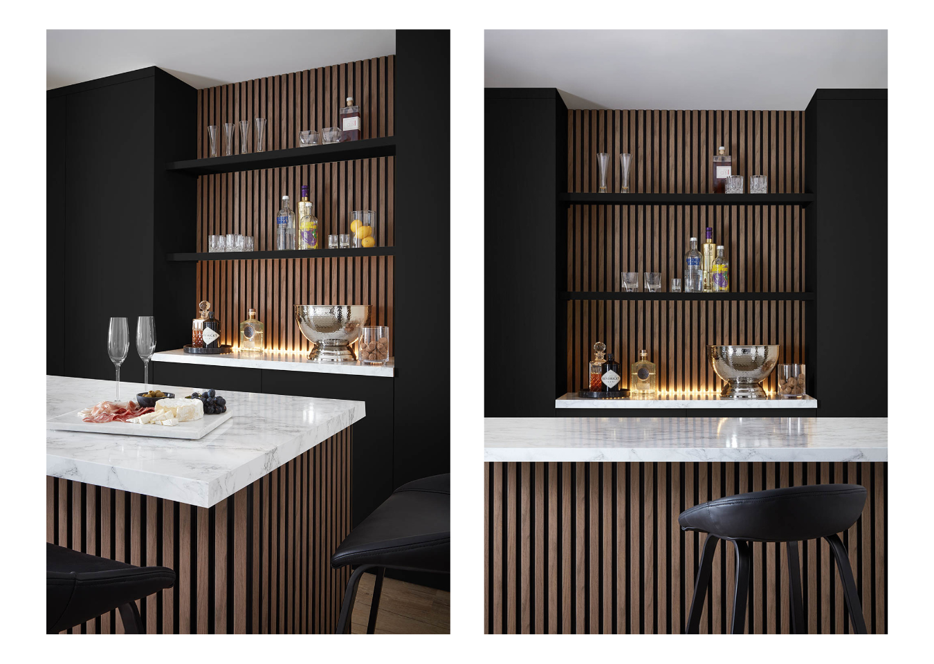 Two images showing a bar with a Walnut on Walnut SlatWall, displaying bottles on shelfs, a kitchen island with wrapped in the same SlatWall. On the counter there are two champagne flutes and a cheeseboard.