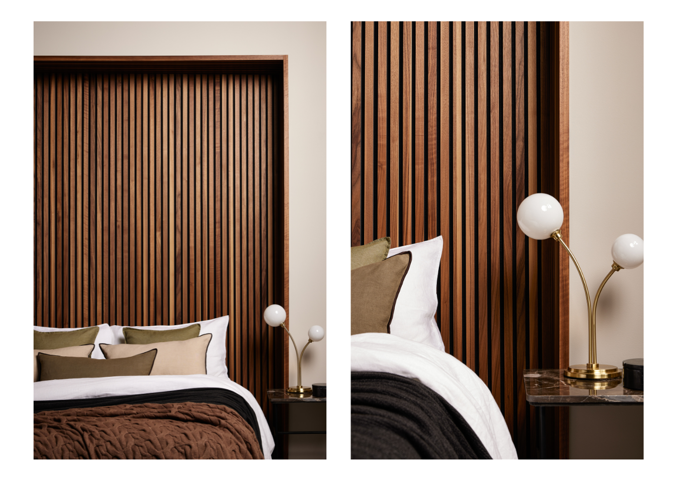Two images showing a bed with a deep walnut wooden slats as a headboard, with white and brown bedding and a side table with a lamp