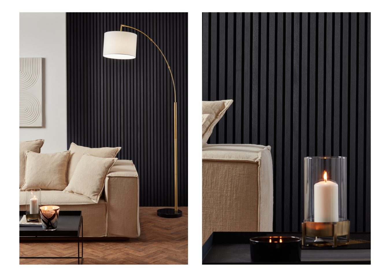 Two images show a living room with a black slatwall backing, there is a beige sofa arm in the shot with a tall, arched floor lamp. on the right it shows a close up of the black slatwall of the same image.