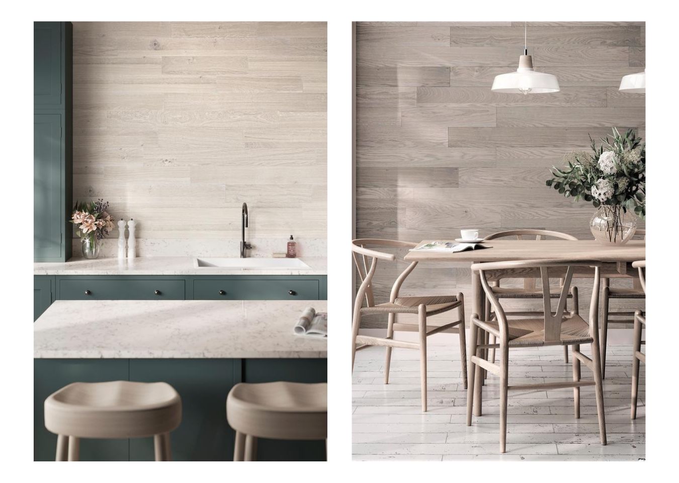 Two images, on the left shows Alaska Peel and Stick Plank in a kitchen behind a sink, paired with teal kitchen cabinets. On the right shows a dining room with Sky Grey Peel and Stick Plants across the back wall, paired with a pale wood dining table and chairs