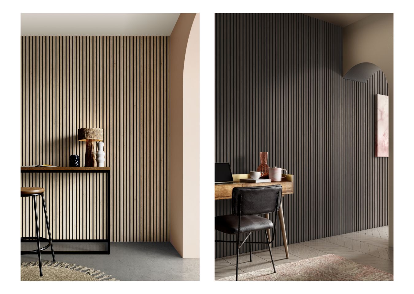 Two images, on the left shows Natural Oak SlatWall on the back wall with a side table in front, on the right shows Smoked Oak SlatWall on the back wall with a desk in front.